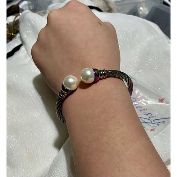 🌈 Iridescent Pearl Cuff Bracelet – Stainless Steel Rainbow Cable Design” - Picture 16 of 16